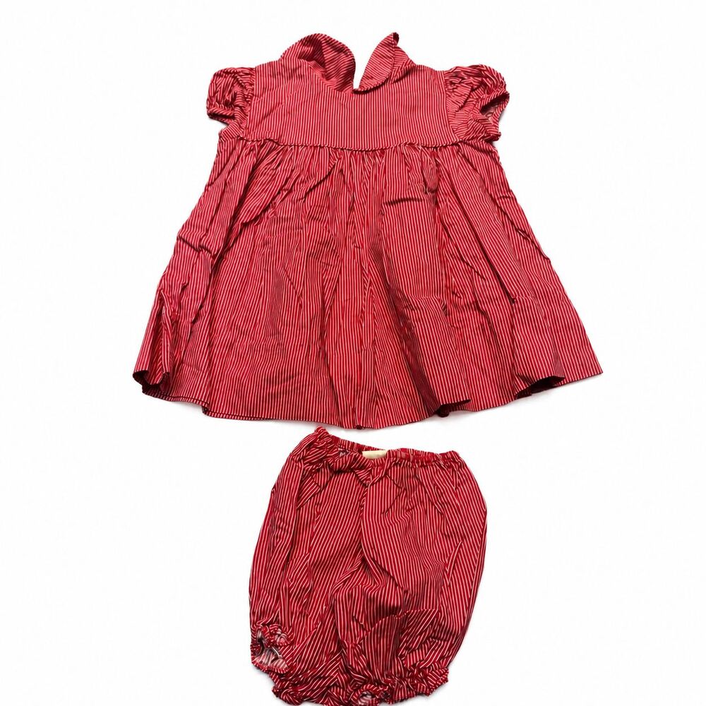 Vintage 80s Clicastro & Co Red Pinstripe Baby Dress Bloomers Set 12-18M USA